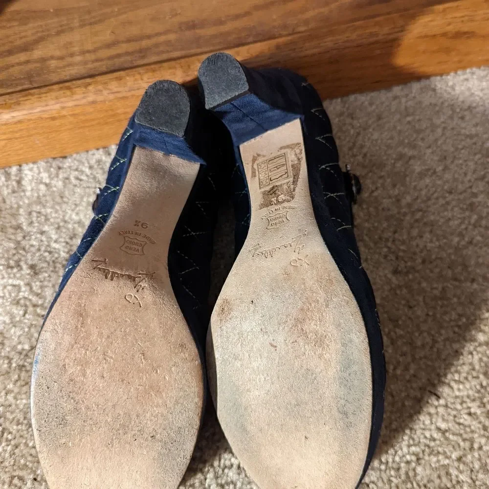 MARCHEZ Vous quilted blue suede thick heel ankle strap platform shoes sz 9.5 euc